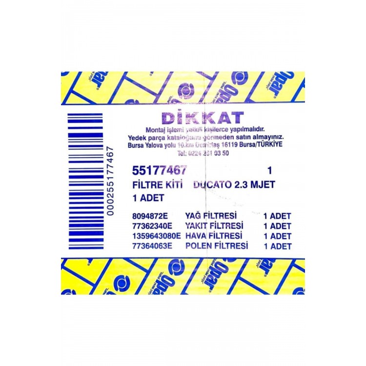 FILTRE KITI YAG. HAVA. POLEN. YAKIT FIAT DUCATO 2.3MTJ EURO 5-OPAR 55177728-55177728